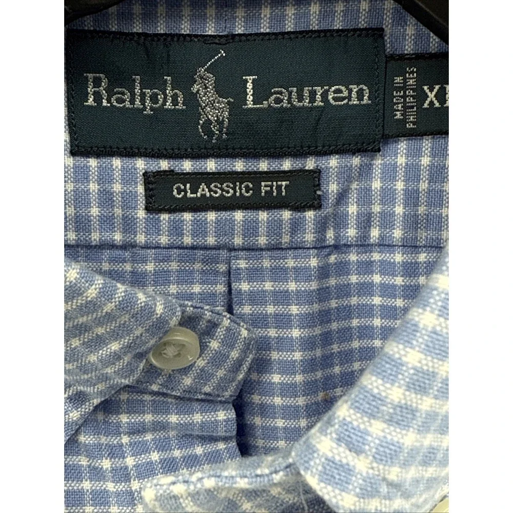 Polo Ralph Lauren Men's Blue & White Gingham Check Pink Logo Long Sleeve ShirtXL